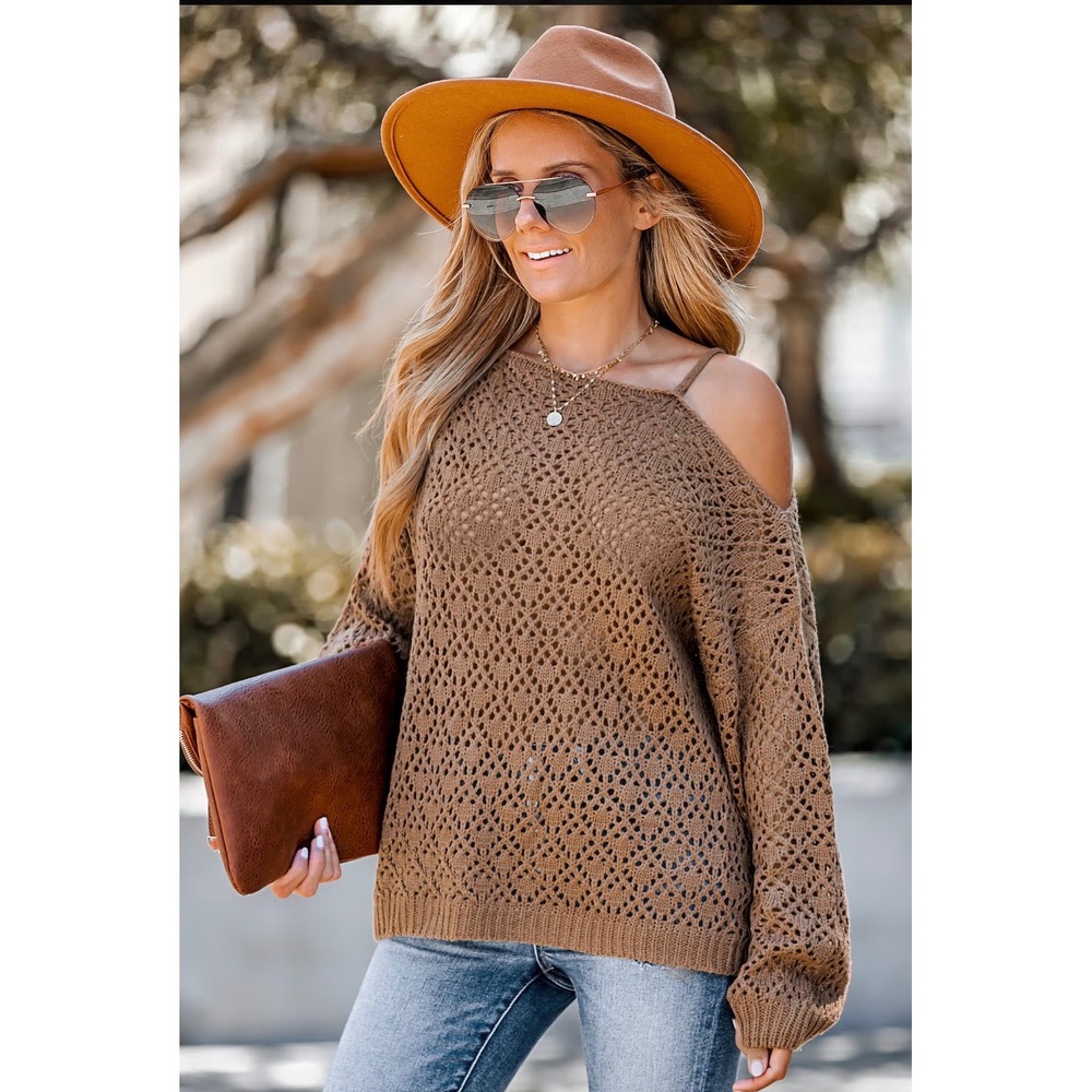 CUPSHE Women Cutout Crochet One-Shoulder Sweater Cami Long Sleeves Ribbed Trim